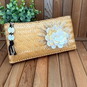 Adrienne Vittadini Boho Beach Woven Clutch with Shell Details